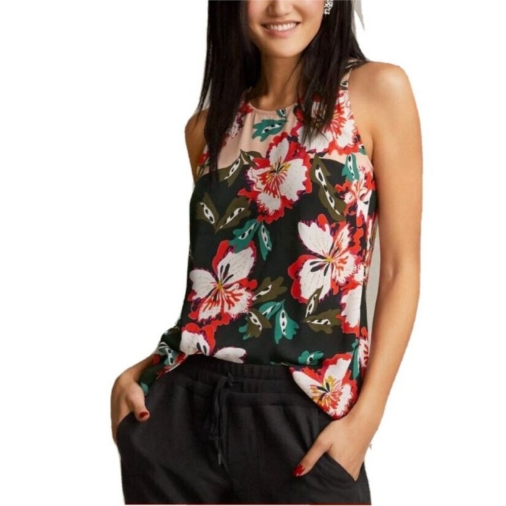 CAbi Hibiscus Sleeveless Blouse Black Floral Women’s Medium #5542 NWOT